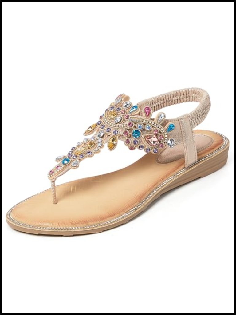 Flat Thong Sandals Rhinestone Sparkly Boho Elastic Ankle Strap Non-Slip Summer
